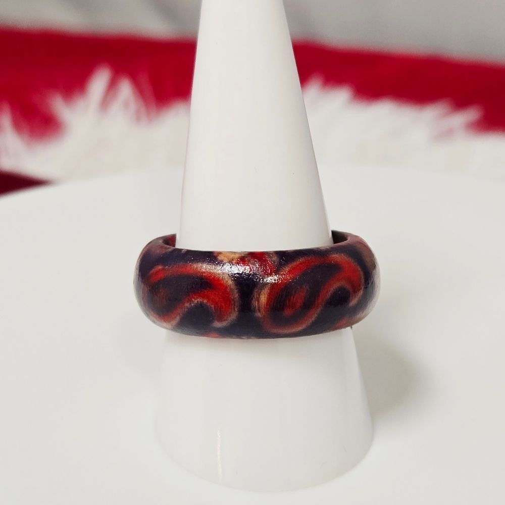 Artistic Paisley Wooden Ring African Totem Ethnic Boho Stackable Festival 9mm